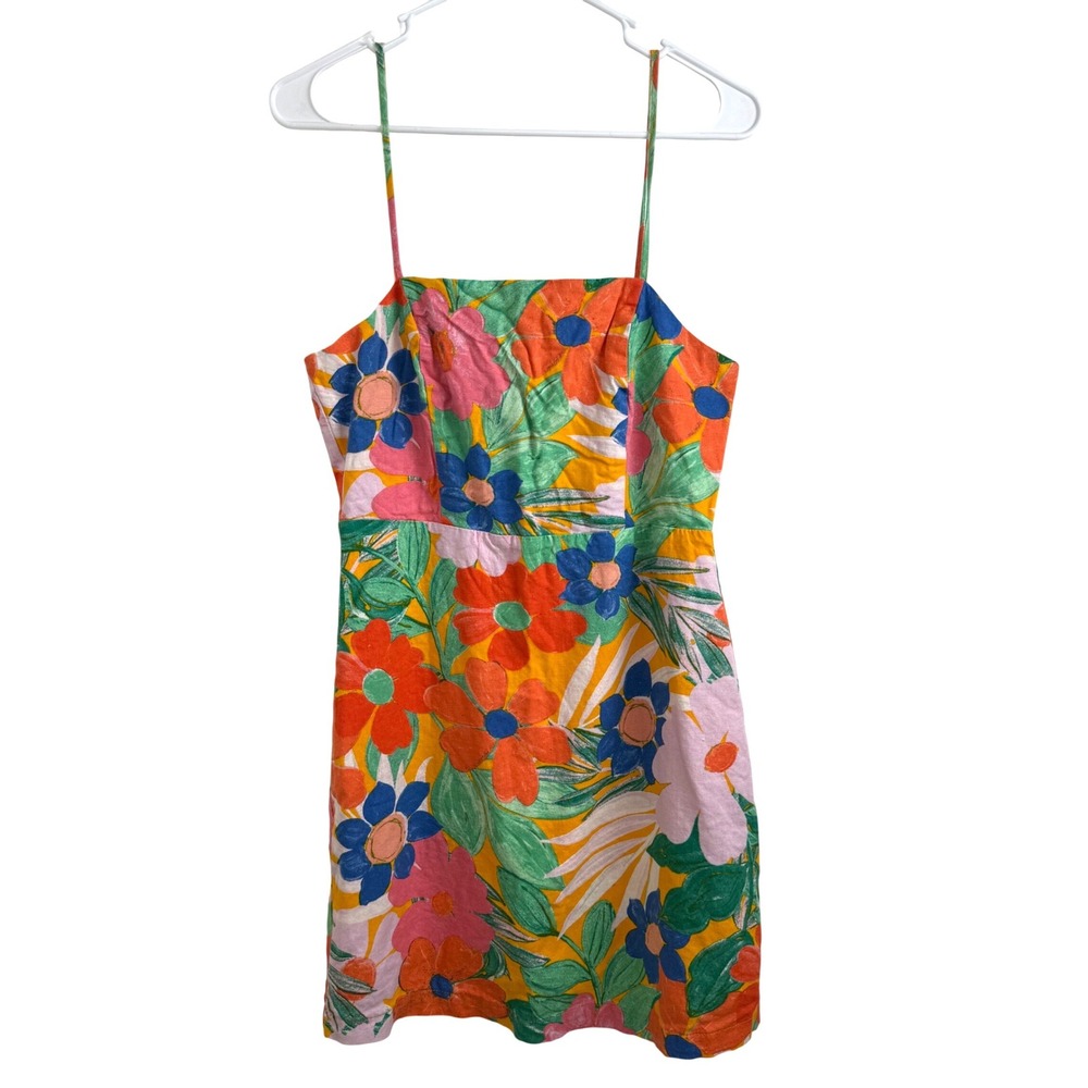 GB‎ Floral Mini Dress M Multicolor Tropical Linen Blend Retro Summer Style